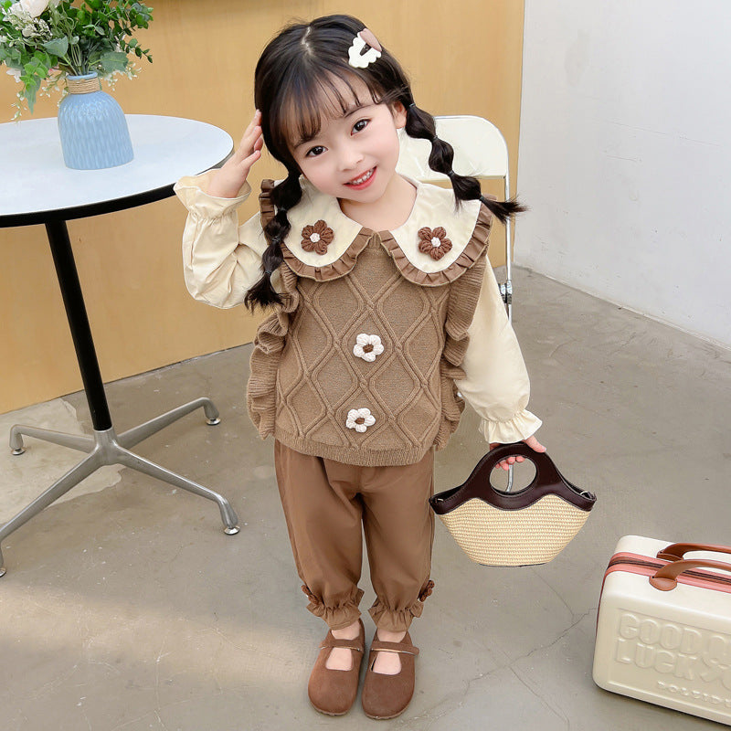 A Spring and Autumn three-dimensional double-flower retro sweater vest solid color Han Fan lapel shirt girl three-piece set manufacturer wholesale