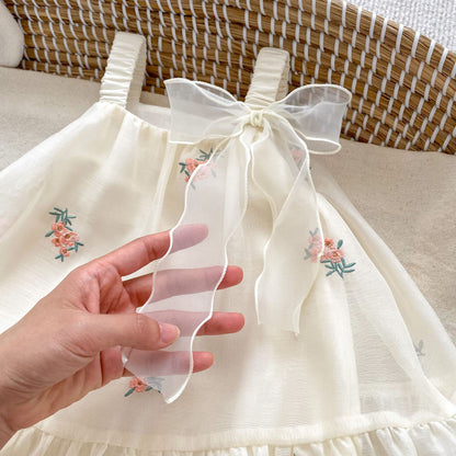 Un vestido de verano en línea para niñas, con un bolso bandolera para bebés, bordado, color caqui, regalo para niñas de un año, vestido de gasa de princesa, ropa de escalada 