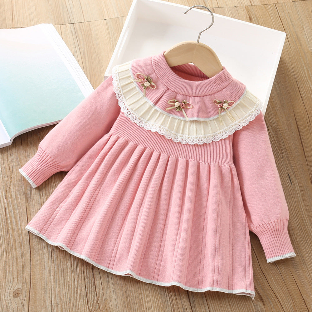 A girls sweater dress autumn and winter new Korean version of foreign style flower baby knitted long-sleeved pullover princess dress