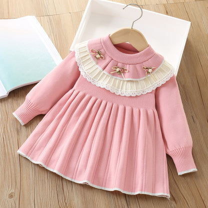 A girls sweater dress autumn and winter new Korean version of foreign style flower baby knitted long-sleeved pullover princess dress