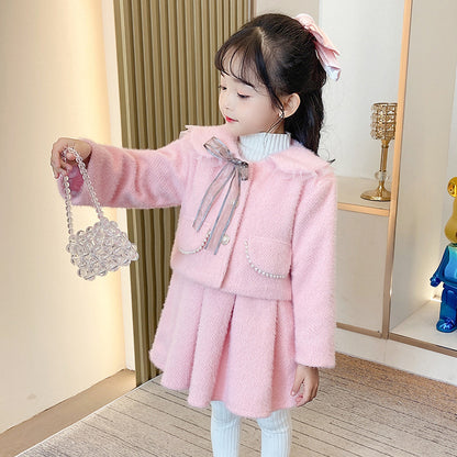 A girls dress set autumn and winter foreign style fashionable small fragrant style baby coat children's princess dress two-piece set