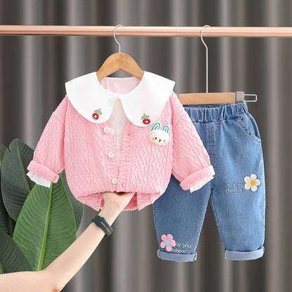 Girls autumn outfit set, new trendy shirt, cardigan, jeans, three piece set, baby long sleeved jacket 0.3kg