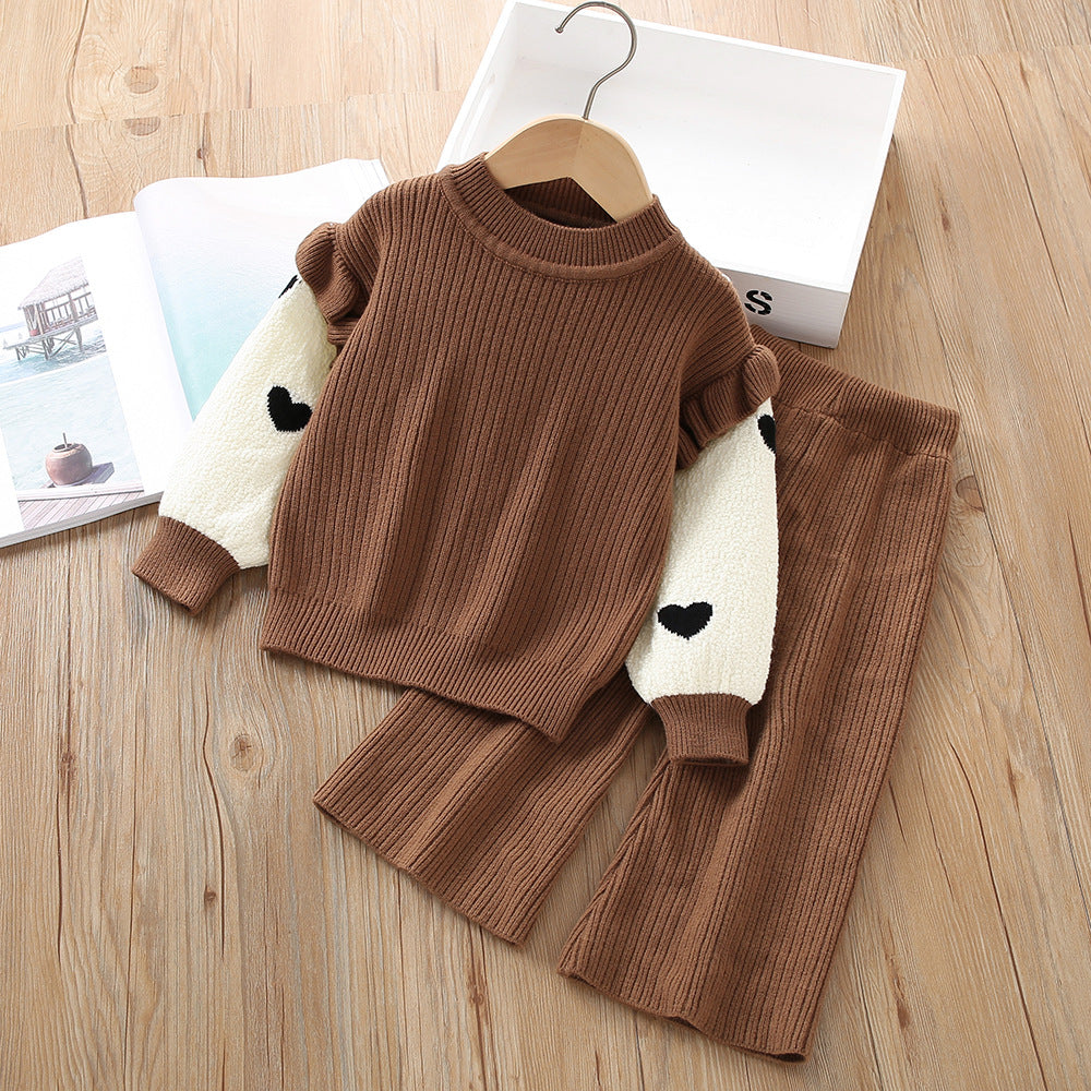 A girls sweater set autumn new Korean version fashionable little girl knitted fake two-piece long-sleeved two-piece pants