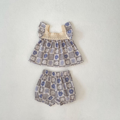 Ropa infantil A Enge, ropa de verano para bebé totalmente de algodón transpirable, conjunto de cuadros con mangas abullonadas, top ancho con vuelo y pantalones cortos, conjunto de dos piezas 