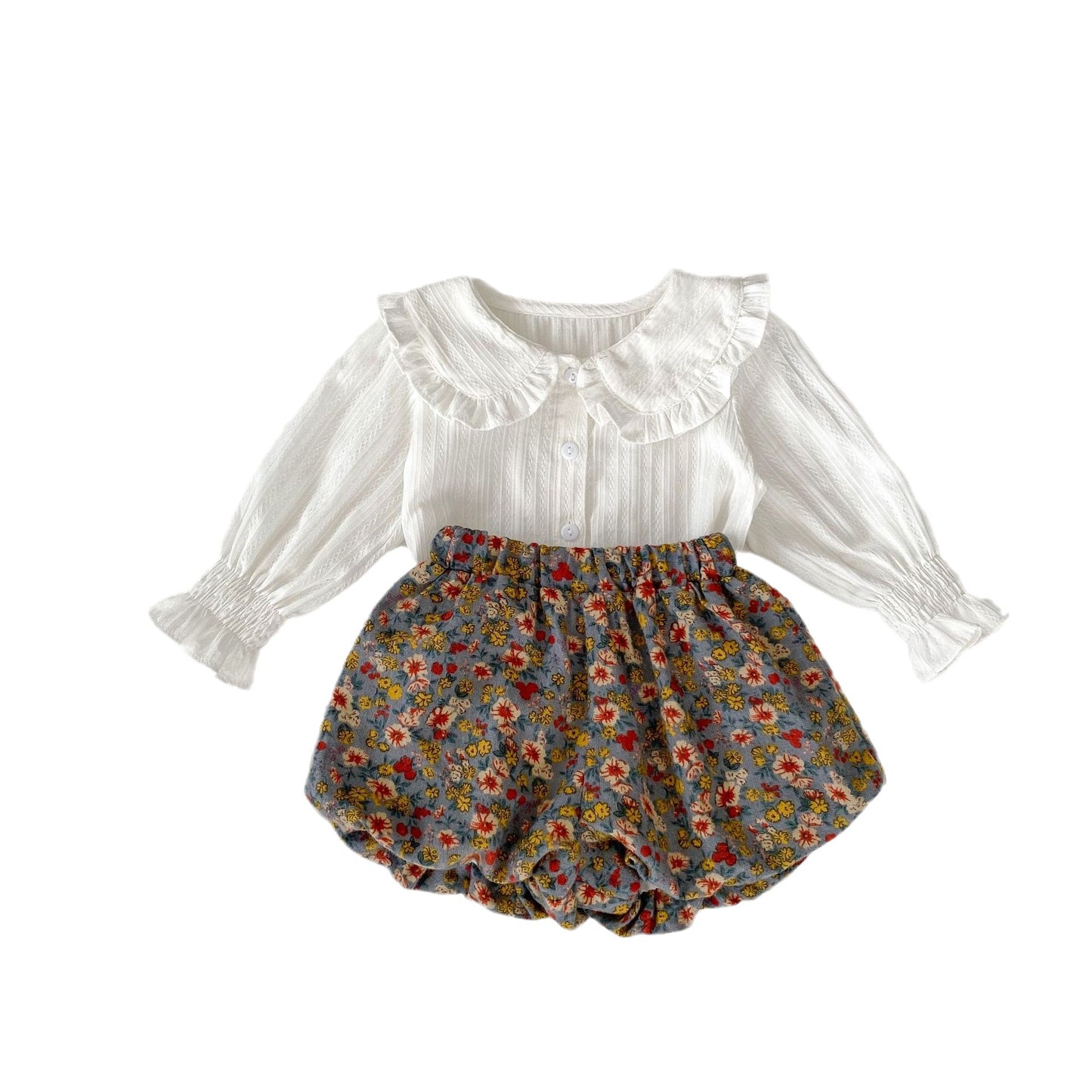 A Autumn baby children baby girl doll collar jacquard top + floral double pants 2-piece set