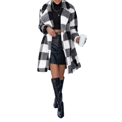 Women's Amazon AliExpress Independent Station Autumn and Winter Long Lapel Plaid Plush Jacket