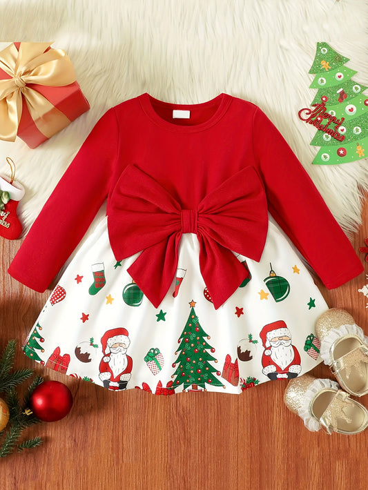 A ins cross-border new baby spring and autumn long-sleeved dress, Santa Claus printed bow decorative dress