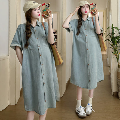 A maternity wear 2024 summer Korean version fashion casual loose denim dress nursing shirt skirt medium and long trendy mother