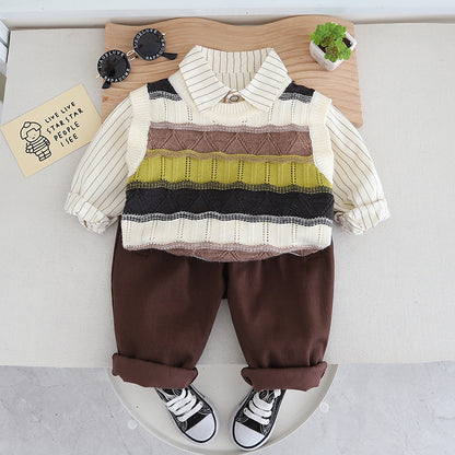 A 2024 new children&#039;s striped vest three-piece suit girl autumn boy Korean version of men&#039;s treasure clothes children&#039;s clothing 0.3KG