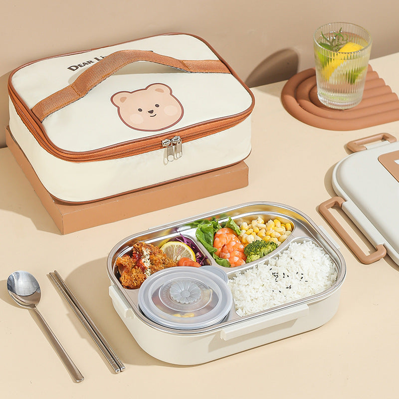 A 304 stainless steel insulated lunch box divided into two cute student compartments, sealed bento box with lid, lunch box