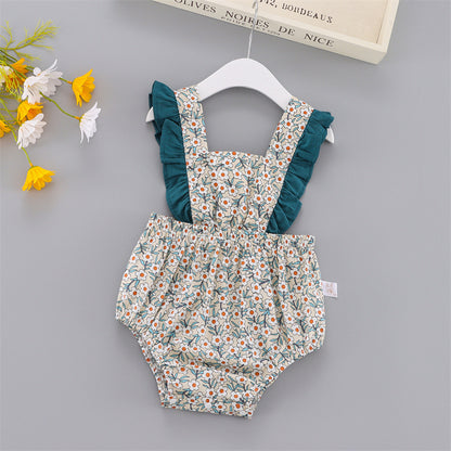 Bebé niña de estilo coreano de verano, dulce mono con tirantes florales y mangas voladoras, mono fino con pedos Ha Yi, traje de gateo triangular 