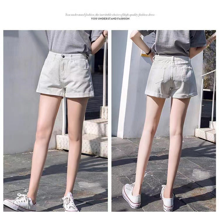 A high waist black denim shorts female summer student curled edge loose and thin a word wide leg pants hot pants Korean version tide