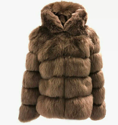 A Amazon lady autumn and winter thickened warm fluffy jacket long sleeve hat imitation rabbit fur jacket