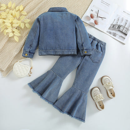 European and American children's denim suits, baby autumn clothes, new long-sleeved denim jackets, bell bottoms, fashionable children's two-piece set(WEIGHT:0.6KG)