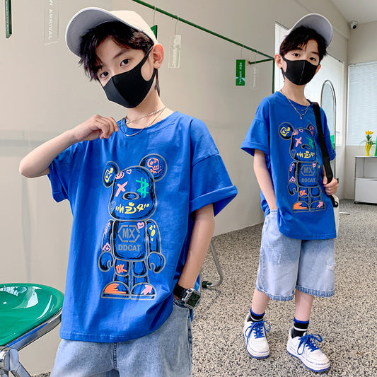 A children's clothing, boys' summer clothing, short sleeved T-shirt, new loose cartoon print, children's boys' summer trendy clothing, big boys handsome