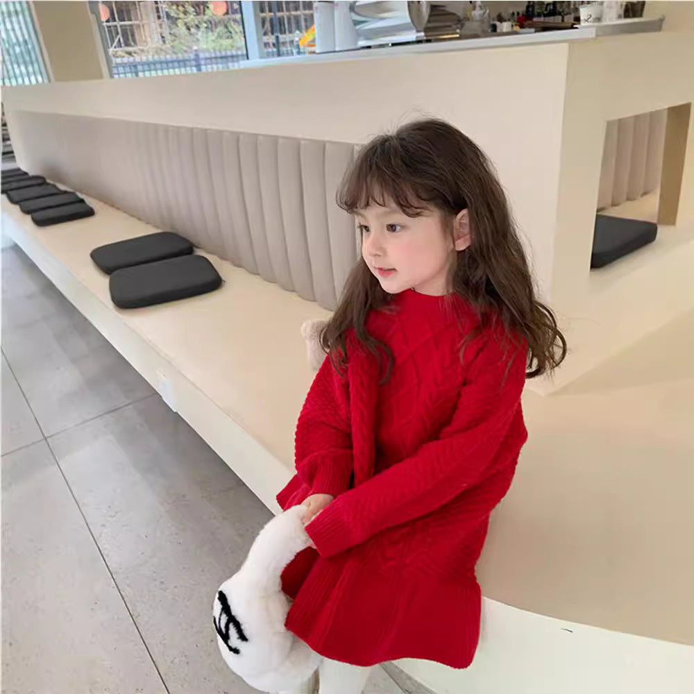 A girls Korean version of foreign style knitted wool skirt autumn and winter clothing new children's ruffle edge thickened princess dress