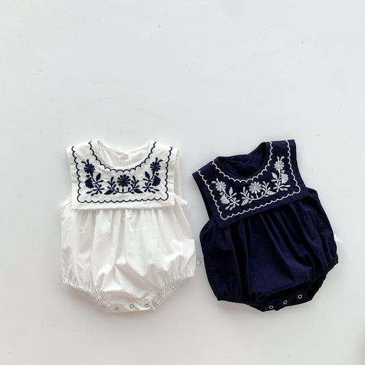 A ins summer cool navy embroidered collar sleeveless vest jumpsuit baby girl baby bag fart clothes climbing clothes