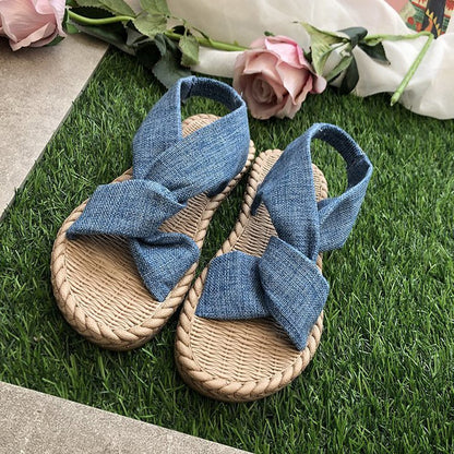 A 2024 New Sandals Women's Summer Outwear Grass Knitted Linen Roman Sandals Elastic Straps Cross Flat Bottom Women's Shoes Wholesal