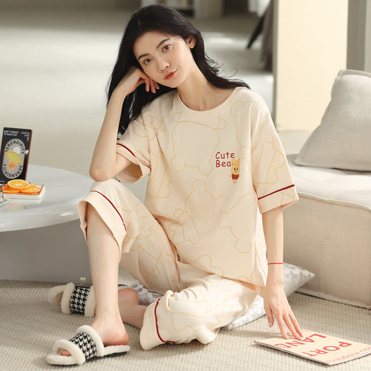 A pajamas women's summer cartoon pure cotton short-sleeved cropped pants casual loose round neck can be worn outside summer loungewear suit