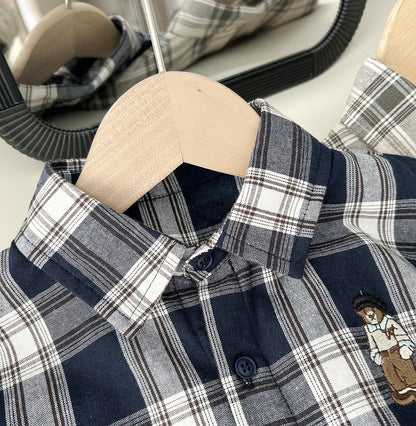 Spring Children's Wear Boys Children's Cotton Plaid Medium and Big Kids Cartoon Long Sleeve Shirt Shirt 0.16KG