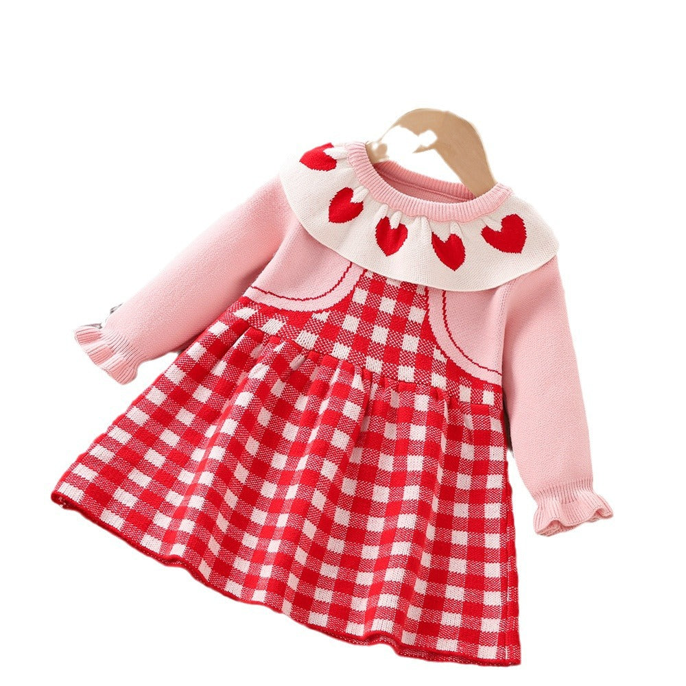 A girls sweater autumn and winter new sweet plaid baby knitted love Korean version doll long-sleeved princess dress