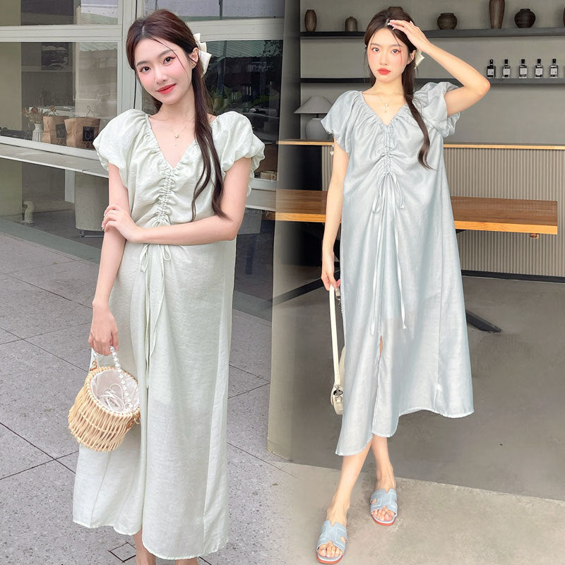 A maternity dress summer 2024 new French design sense drawstring V neck thin fairy short sleeve fairy long dress