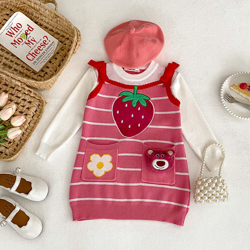 A girls spring and autumn dress new spring dress fashionable foreign style girls shirt children strawberry sweater skirt set