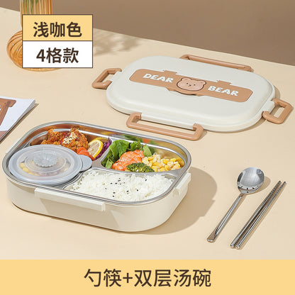 A 304 stainless steel insulated lunch box divided into two cute student compartments, sealed bento box with lid, lunch box