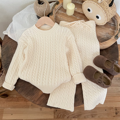 Ropa de invierno para niñas, conjunto de dos piezas de top y pantalones de punto trenzado de estilo coreano, conjunto de suéter informal de estilo occidental para niñas pequeñas 