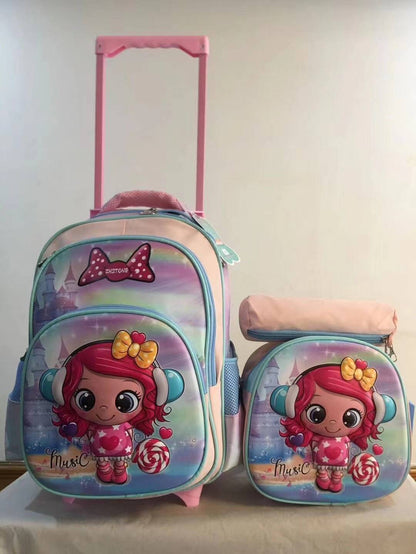 A three piece set of pull rod backpack, student 16 inch PU backpack, pencil case, medium backpack, children's backpack, three wheel square pole