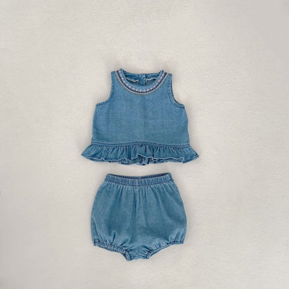 A 2024 Summer Popular Children's Wear Embroidered Soft Denim Cloth Infant and Toddler Girls All Cotton Sweet Sleeveless Set