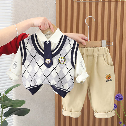 A boys and girls pullover plaid sweater vest three-piece set spring and autumn new children's foreign clothes children's set wholesale