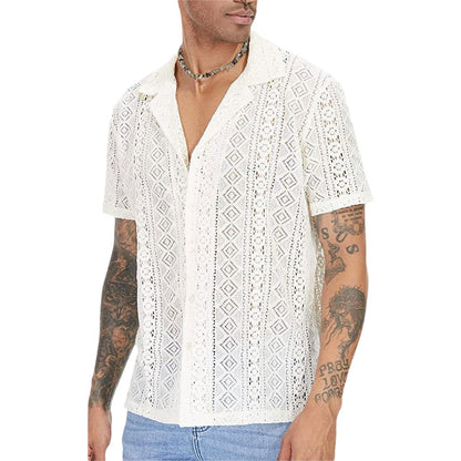 A spot European and American fashion new men&#039;s lace short sleeve shirt flower transparent button holiday hollow perspective lining