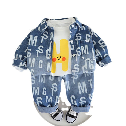 A children's autumn three-piece set manufacturer wholesale boys full of English letters long sleeves fashionable denim jacket trousers