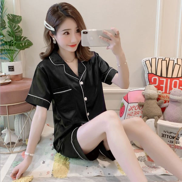 A Trade hot pajamas2024 pajamas women's summer double short imitation silk chest opening 2-piece silk solid color set