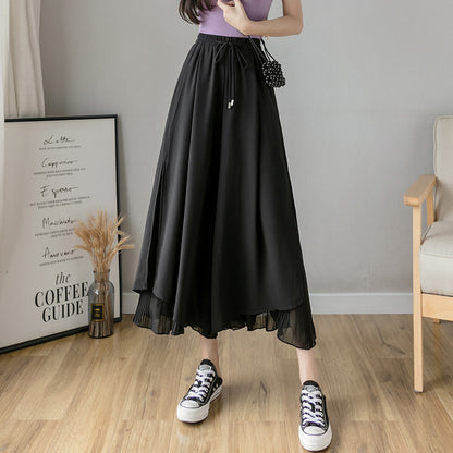 A real shot chiffon wide-leg pants women's 2024 summer high-waisted culottes loose and drape nine-point pleated wide-footed pants skirt