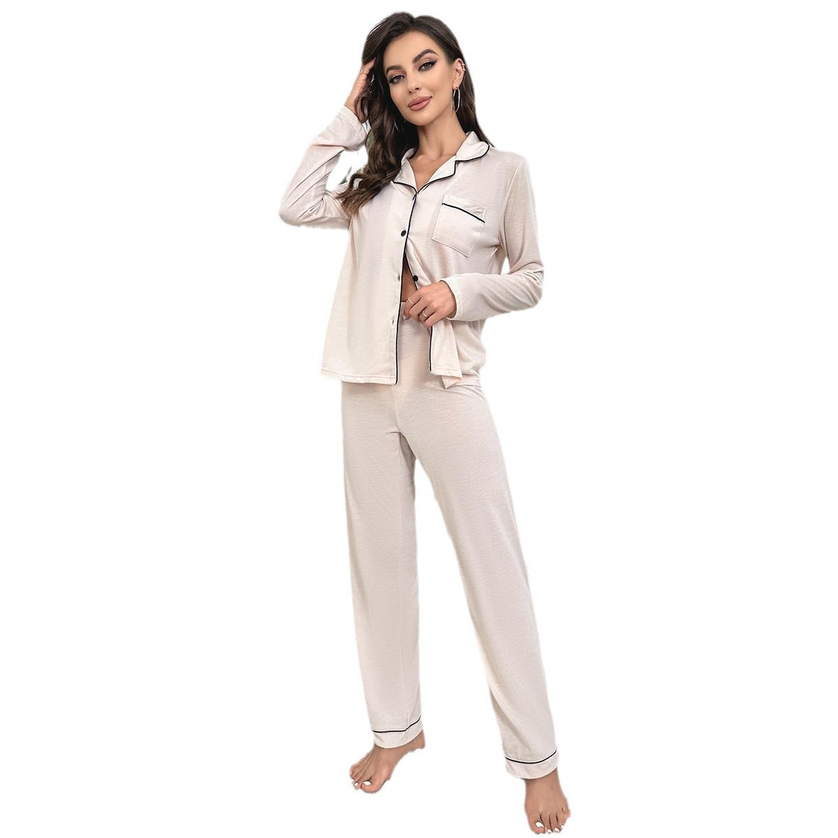 A Amazon foreign trade European and American pajamas women's autumn and winter solid color cardigan long-sleeved loungewear set can be worn outside cross-border TK