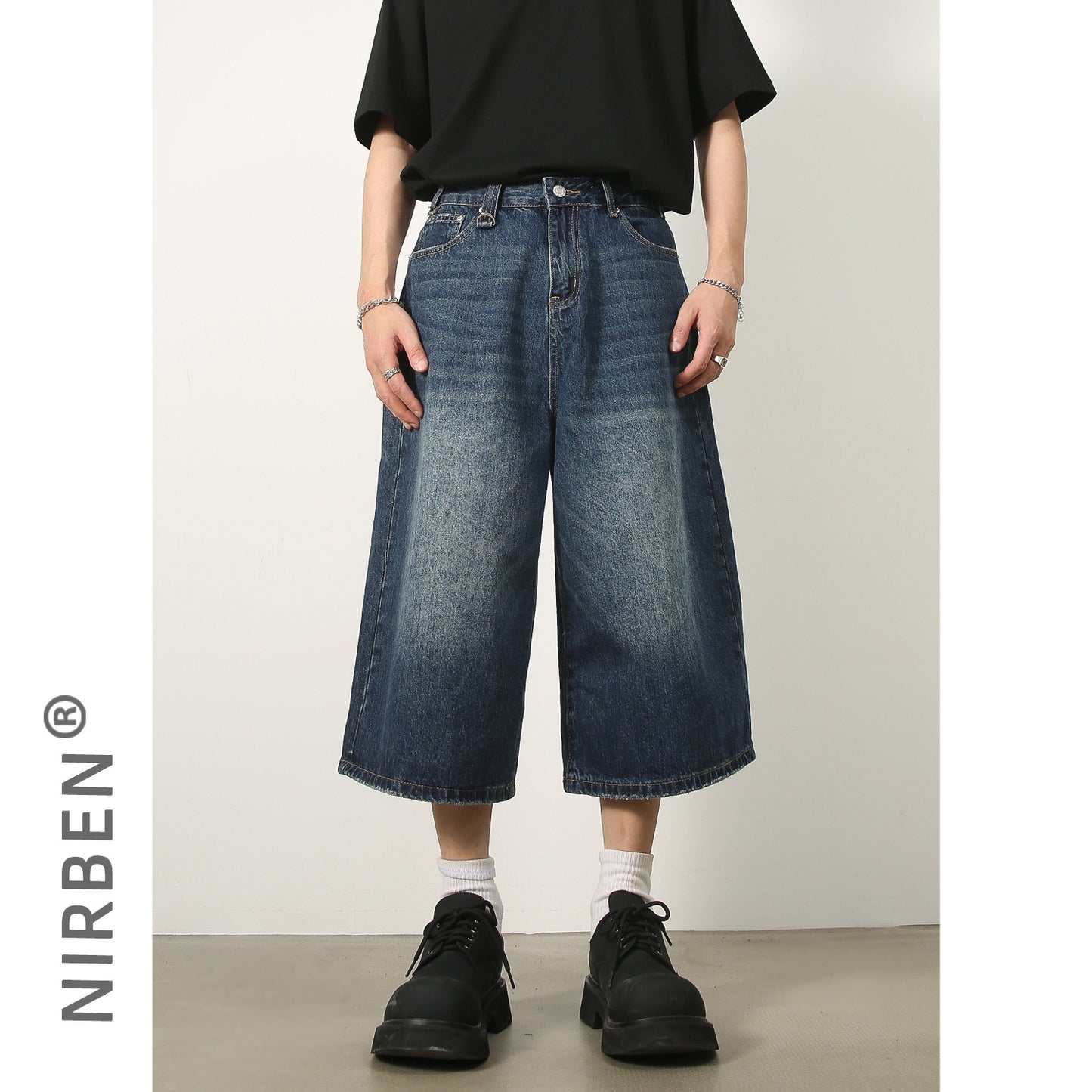 A nirben denim | Summer loose silhouette washed retro old seven-point straight denim shorts male tide