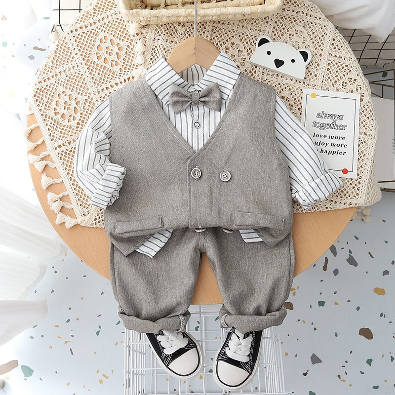 A Children's British Striped Long Sleeve Shirt Autumn Clothing Boys' Double-breasted Suit Vest Cardigan Children's Suit Three-piece Set