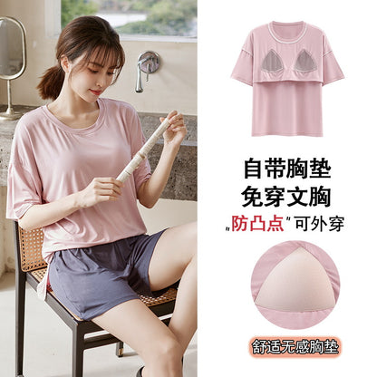 A 2024 Modal pajamas women's summer thin short-sleeved shorts anti-bumps with chest pads loungewear suit can be worn outside