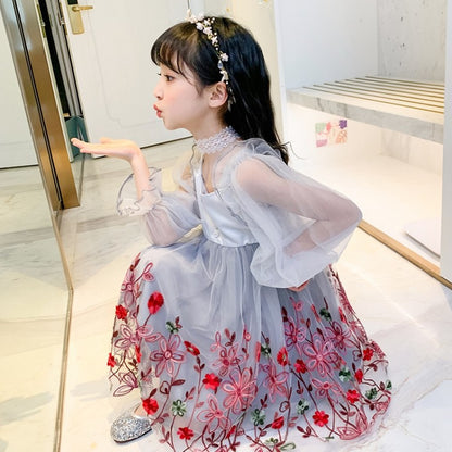 Girls&#039; dresses spring and autumn children&#039;s lace online celebrity exotic little girl baby long sleeve chiffon skirt summer.0.51kg