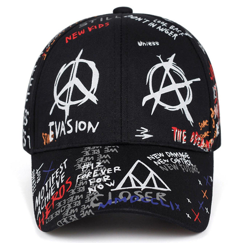 A Cross-border outdoor graffiti caps, hip hop boys, hip hop students, sun hats, women's fashion street photography, wild printed baseball caps