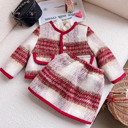 Conjunto de dos piezas de falda gruesa de lana y algodón de estilo nuevo de invierno para niñas 