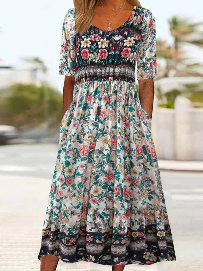 A 2024 Europe, America, Amazon Summer New Women's Crew Neck Short Sleeve Long Dress Bohemian Print Dress Women