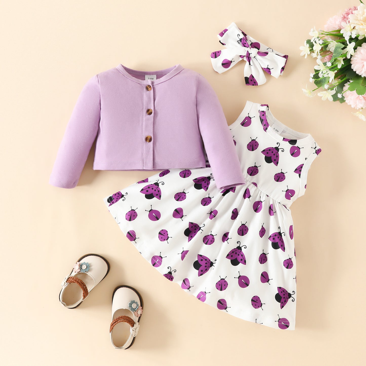 Baby Autumn New Solid Color Long Sleeve Cardigan Jacket Beetle Sleeveless Dress Ladybug Print Suit Skirt 0.2kg