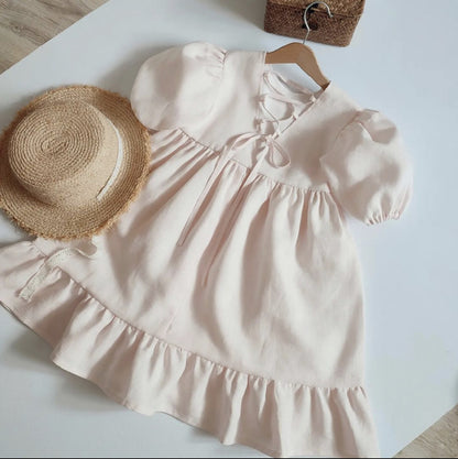 A 2024 summer girls cotton linen short sleeve puff sleeve dress ruffle princess dress foreign trade cross-border amazon ins