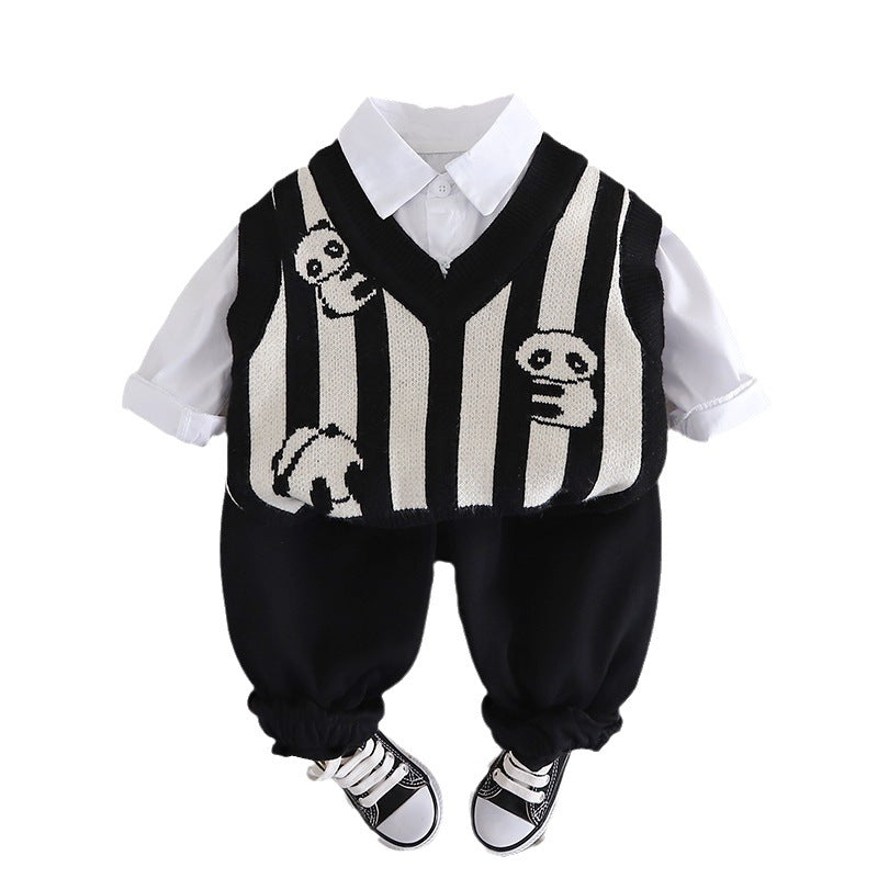 A vest three-piece autumn new striped panda cute top outdoor street shooting fashion suit manufacturer wholesale