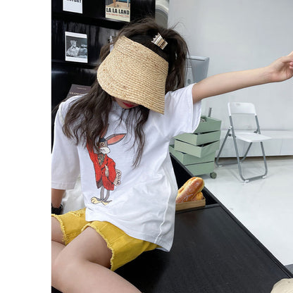 Una camiseta de manga corta de verano para niñas, nueva camiseta holgada con estampado de dibujos animados, ropa de verano para niños y niños, chico grande y guapo de 6 años