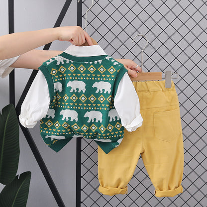 A autumn children's new three-piece set factory wholesale boys full print calf vest long sleeve bottoming comfortable trousers