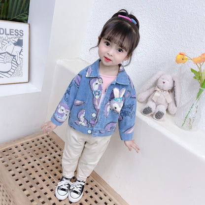 Small and medium-sized children's rabbit head denim jacket three piece set for girls long sleeved denim outer jacket cute set 0.3kg